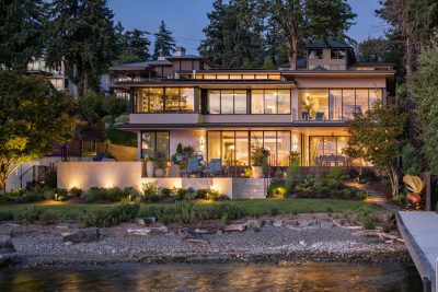Lake view of Lke Washington waterfront home with pool, private beach, and private dock